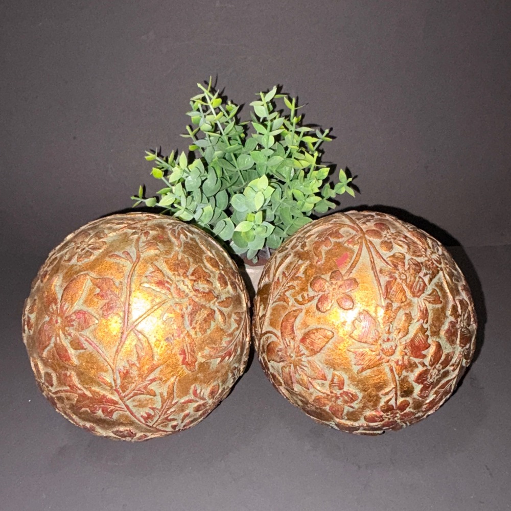 Set of 2 Gold Floral Embossed Decorative Spheres 5 Inch Orbs Bowl Fillers